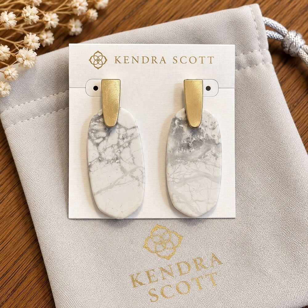Kendra Scott Aragon Drop Earrings White Howlite Marble Gold Tone Oval Statement